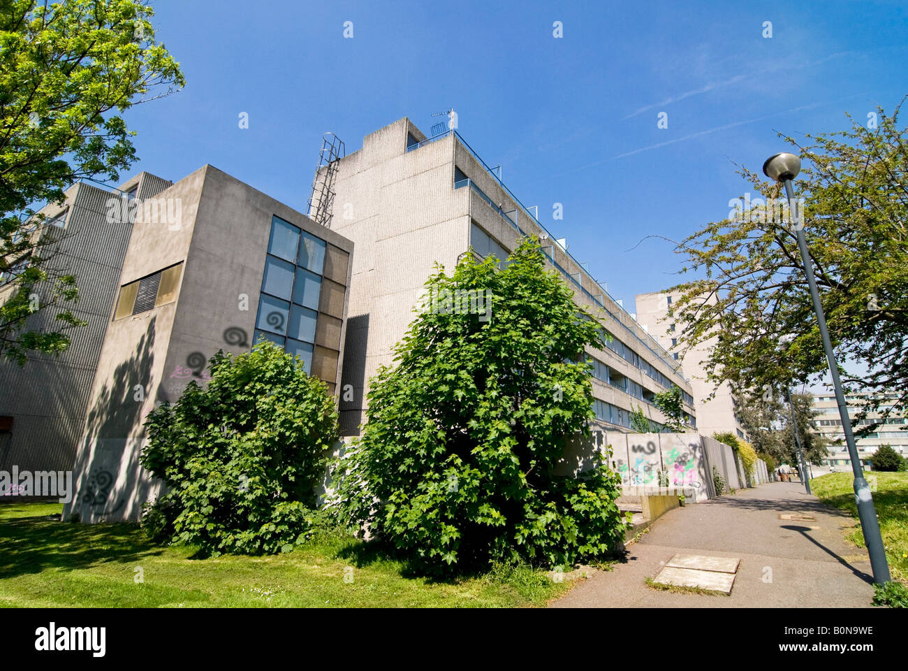 Horizontal wide angle of the Ferrier Estate in Kidbrooke Park on a bright sunny day. Stock Photo