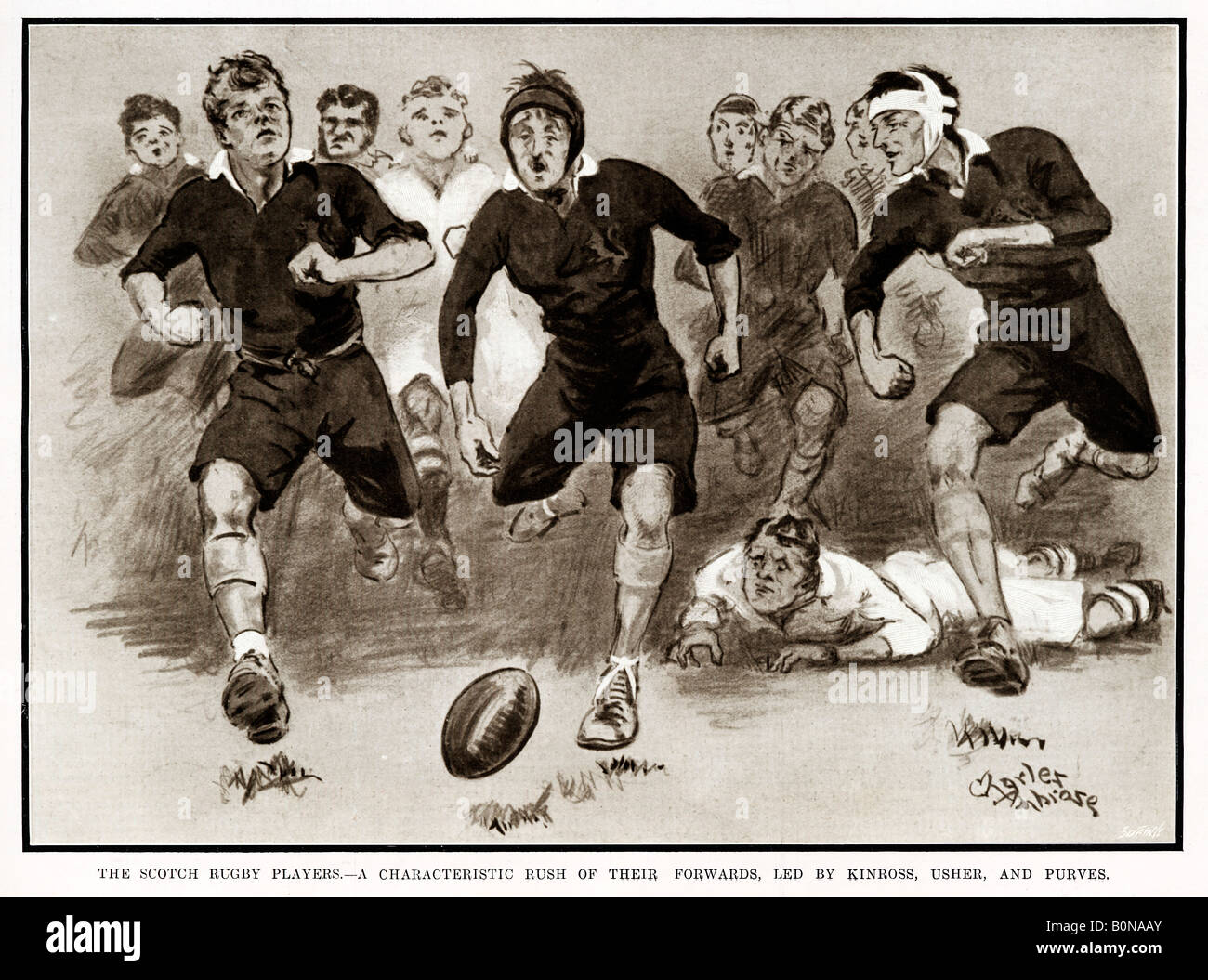 Scotch Rugby Players Rush 1913 illustration of a characteristic rush of their forwards led by Kinross Usher and Purves Stock Photo