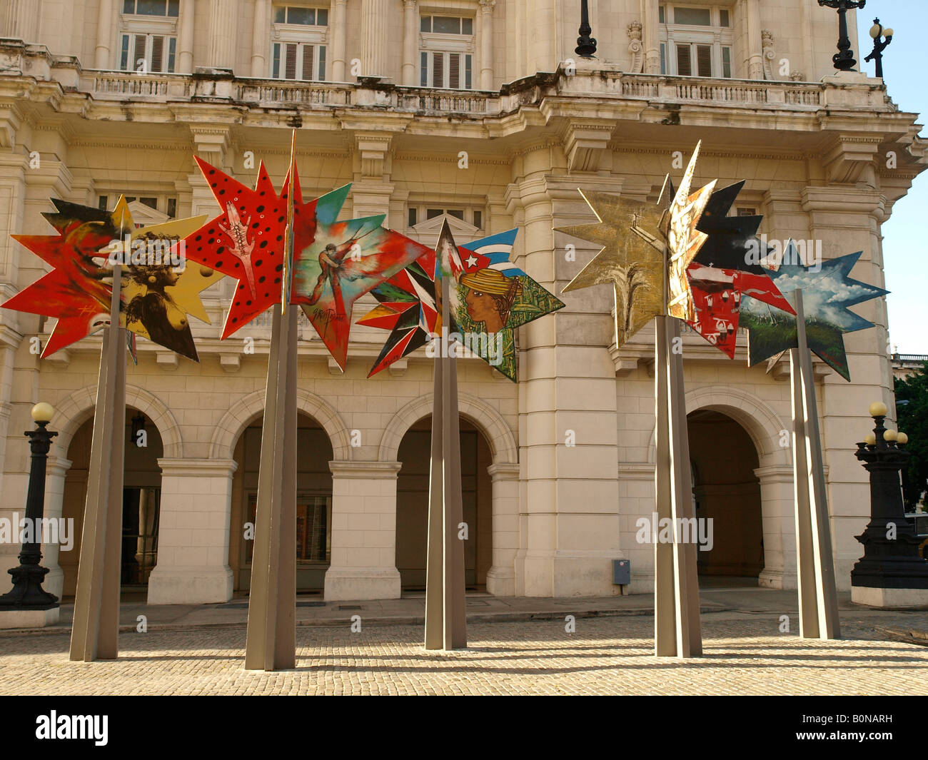 Public art installation portraying various aspects of the revolution in the form of stylised trees. Havana Cuba Stock Photo
