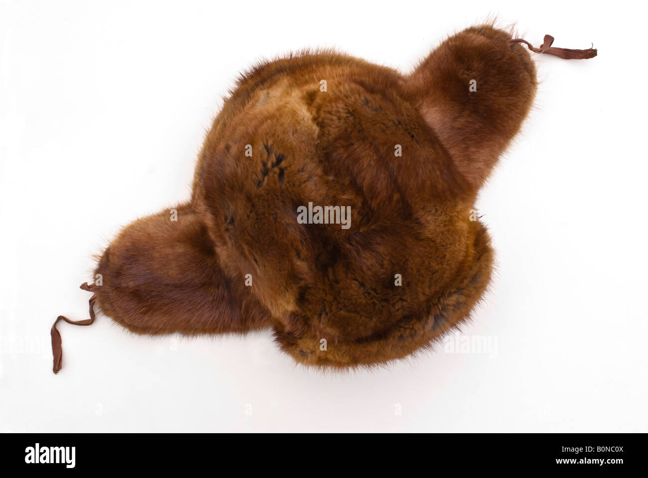 Genuine Russian fur hat 1965. Top view of a Russian fur hat or shapka with ear flaps extended Stock Photo