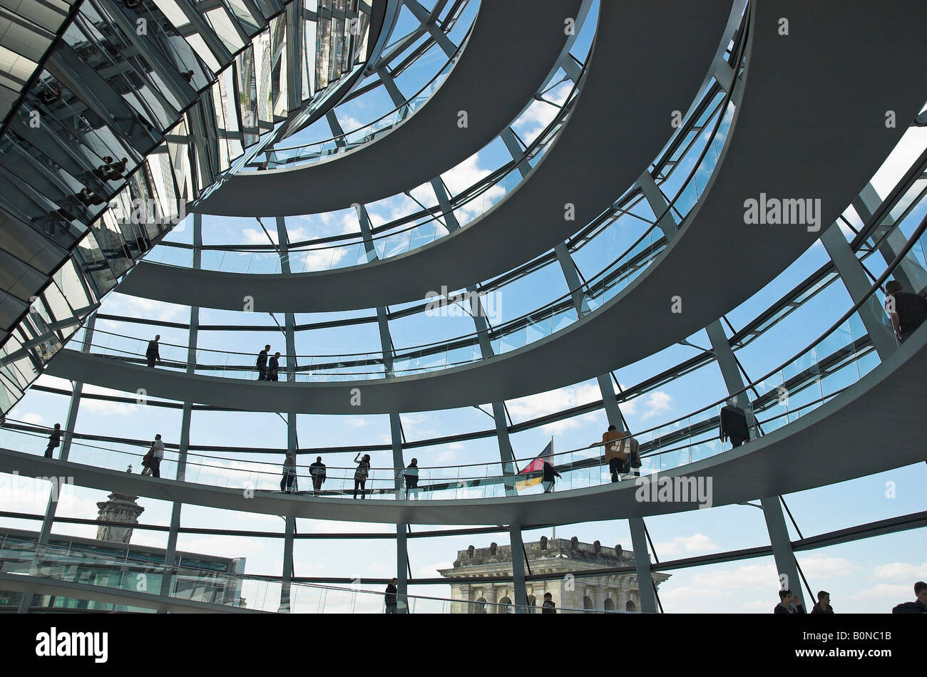 Visitors inside glass dome of Reichstag Berlin Germany April 2008 Stock ...