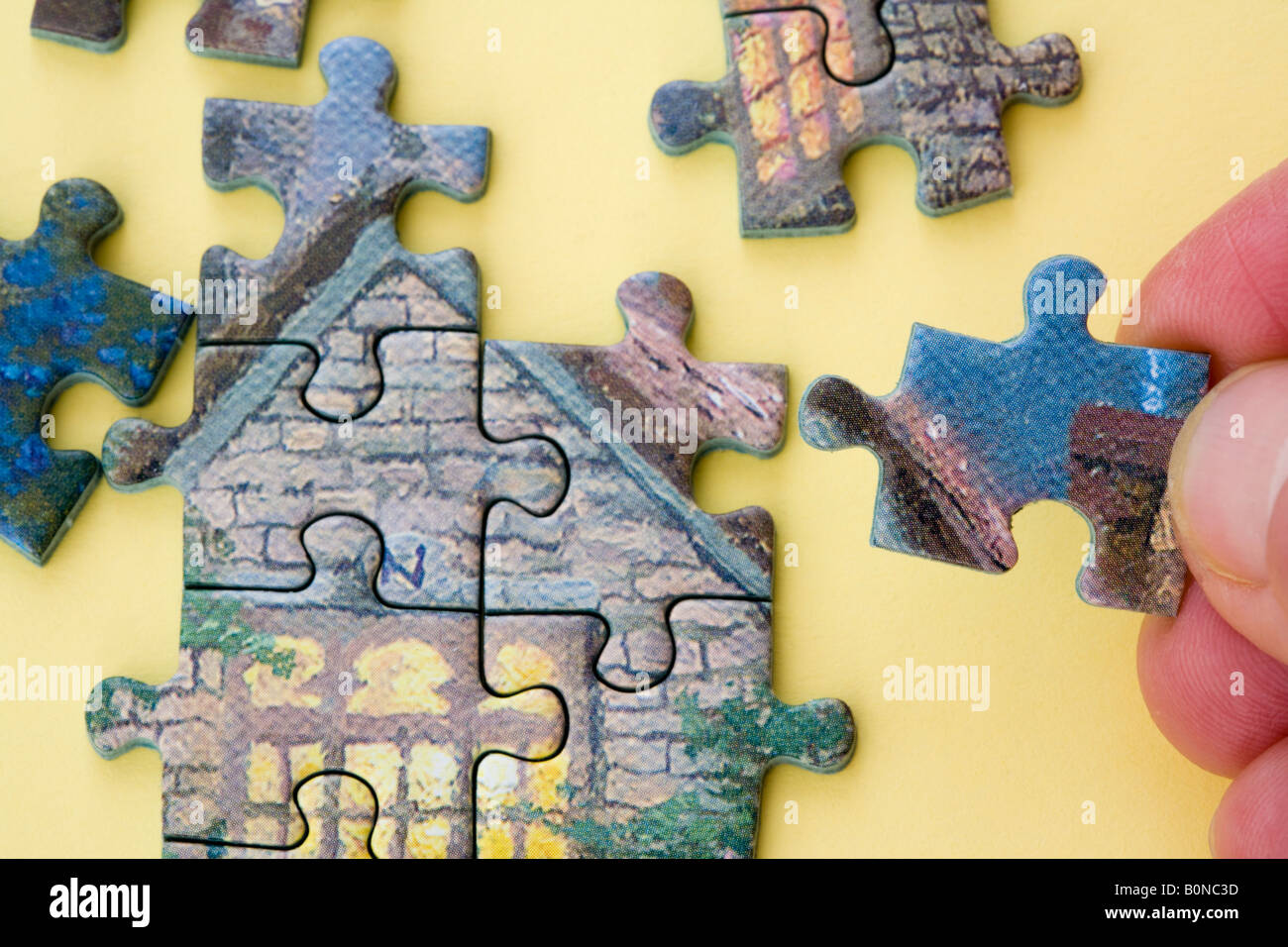 Jigsaw puzzle close up of adult person doing a picture puzzle holding a  jigsaw piece Stock Photo - Alamy