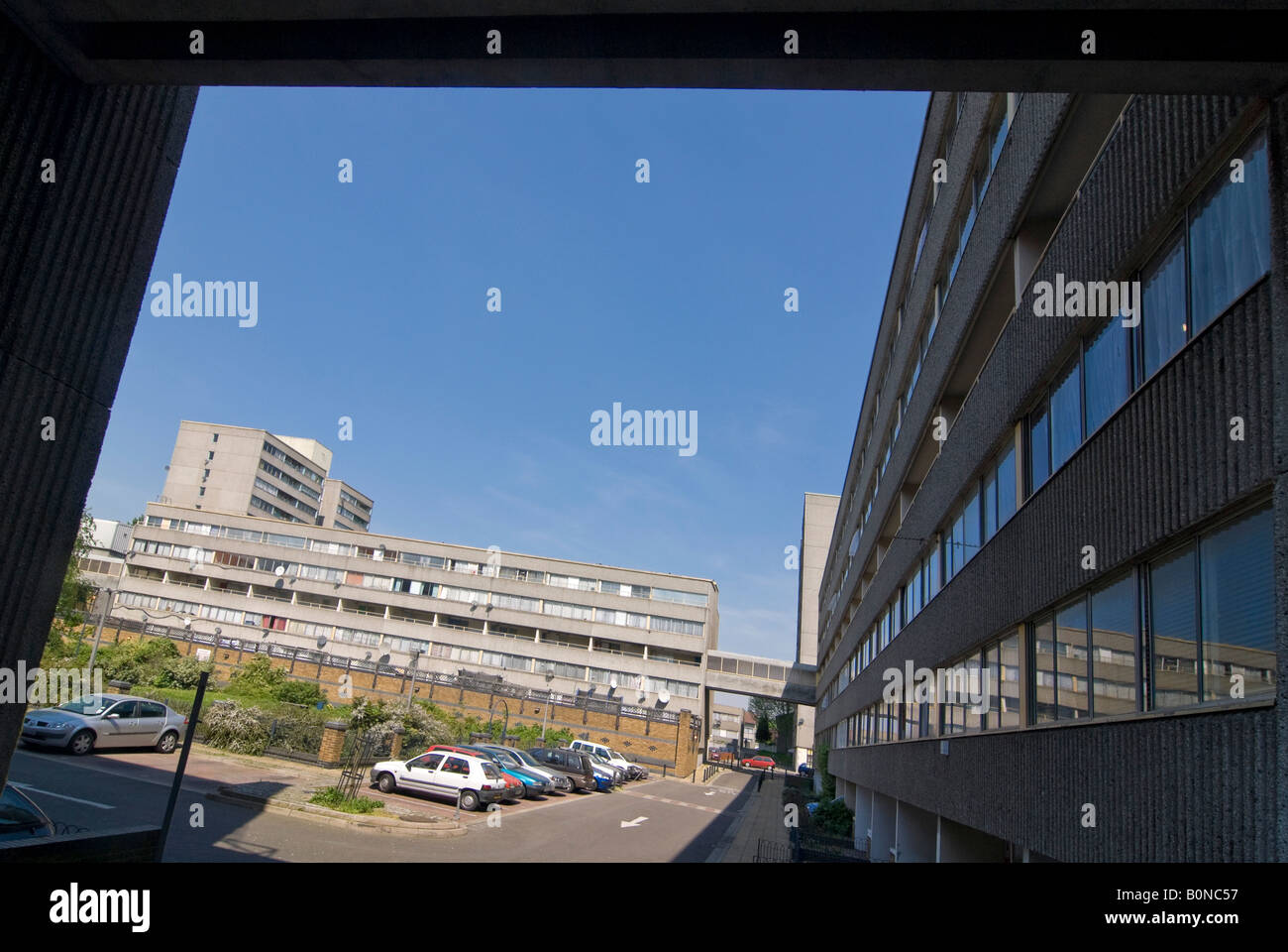 Horizontal wide angle of the Ferrier Estate in Kidbrooke Park on a bright sunny day. Stock Photo