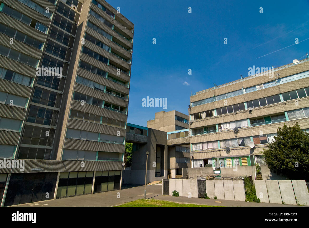 Horizontal wide angle of an empty tower block on the Ferrier Estate in Kidbrooke Park on a bright sunny day Stock Photo