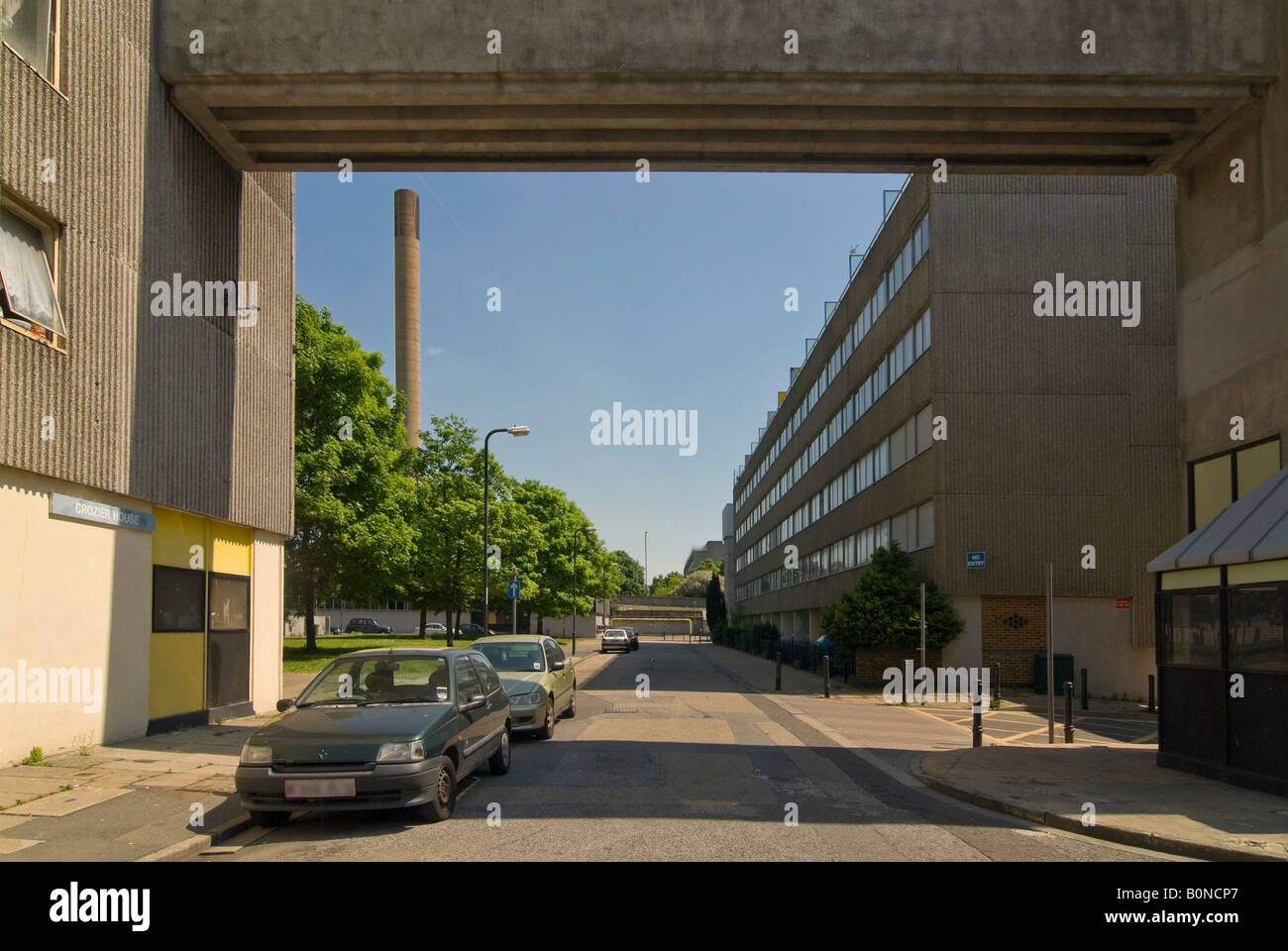 Horizontal wide angle of Crozier House one of the tower blocks comprising the Ferrier Estate in Kidbrooke Park on a sunny day. Stock Photo