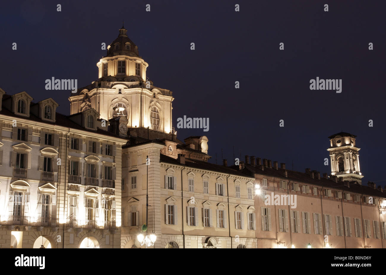 Castello square portico and Guarini dome at night. Stock Photo