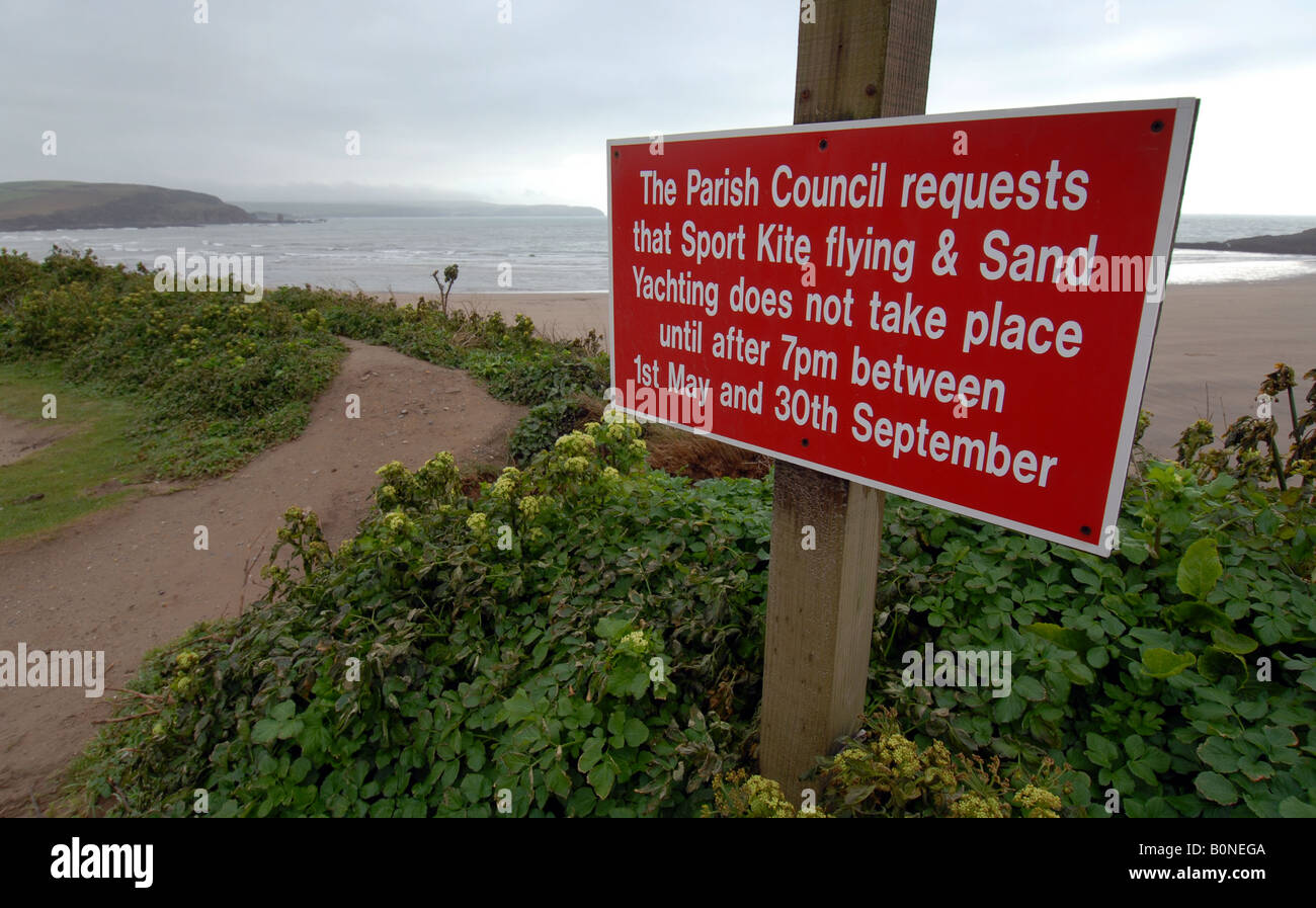 A PARISH COUNCIL RESTRICTION SIGN ON SPORT KITE FLYING AND SAND YACHTING AT BIGBURY ON SEA DEVON,UK Stock Photo