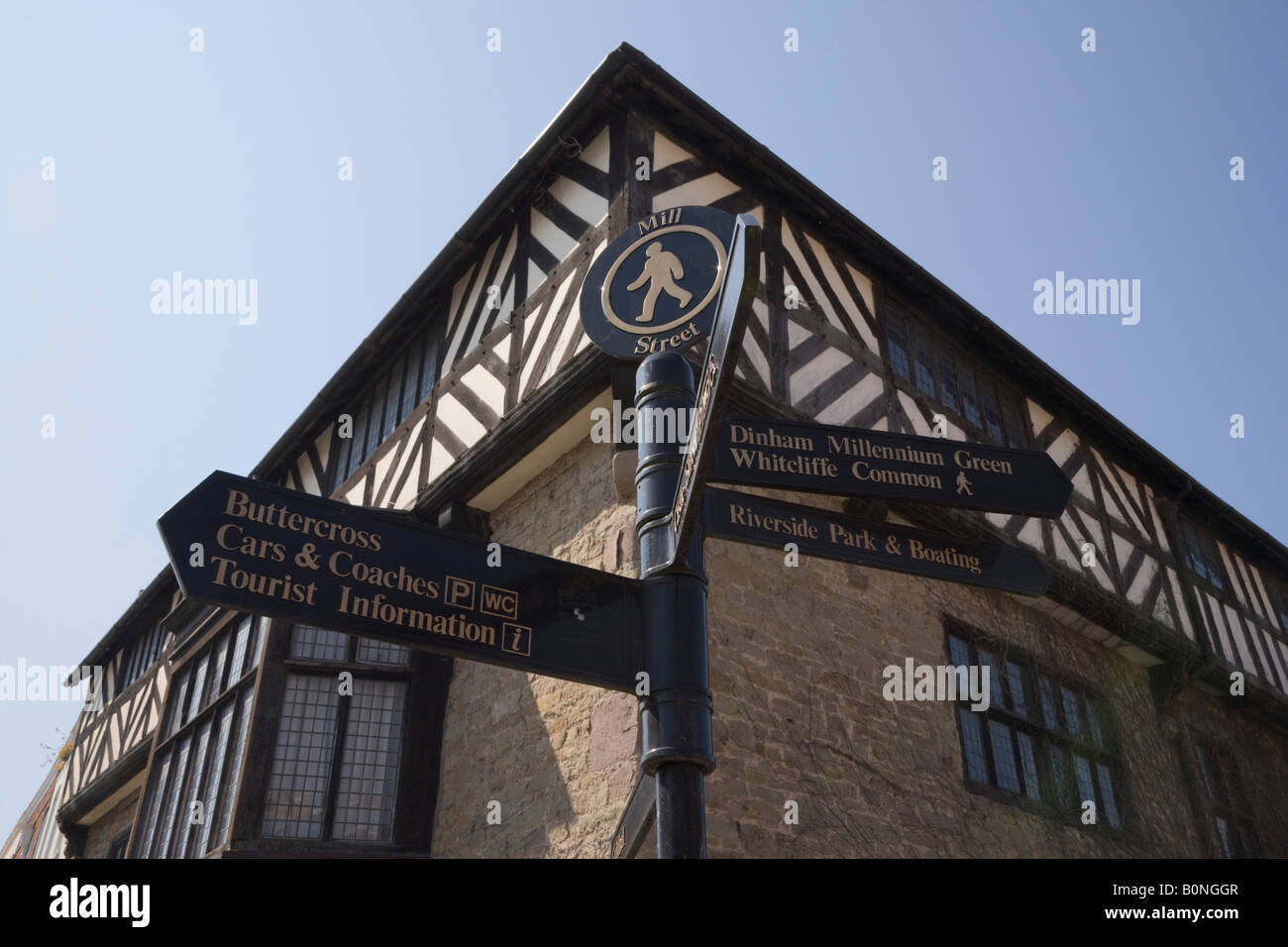 Ludlow Sign Tourist direction sign by Castle Lodge historic timber framed medieval ...