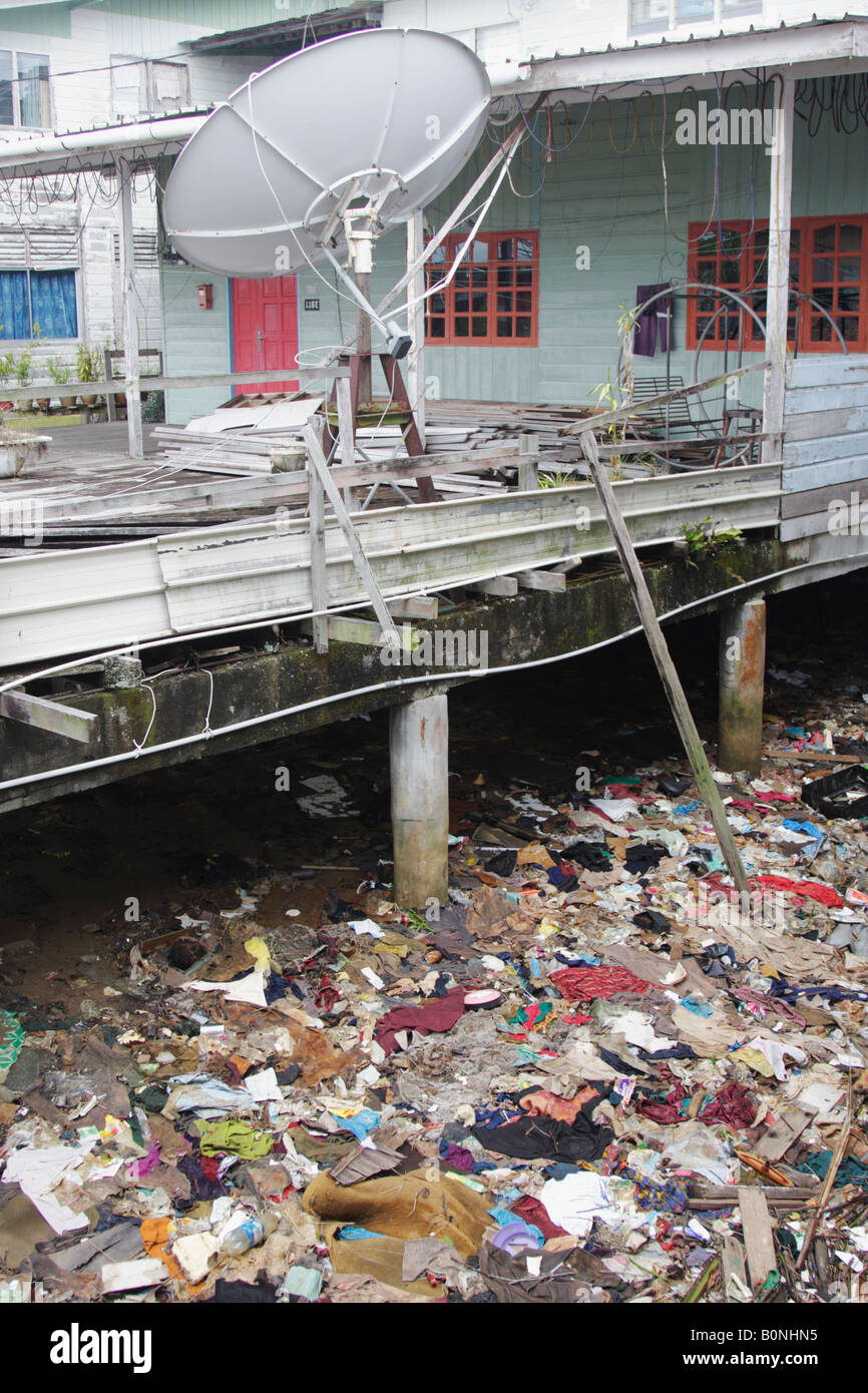 Satellite Dish And Trash In Stilt Village Of Kampung Ayer, Brunei Stock