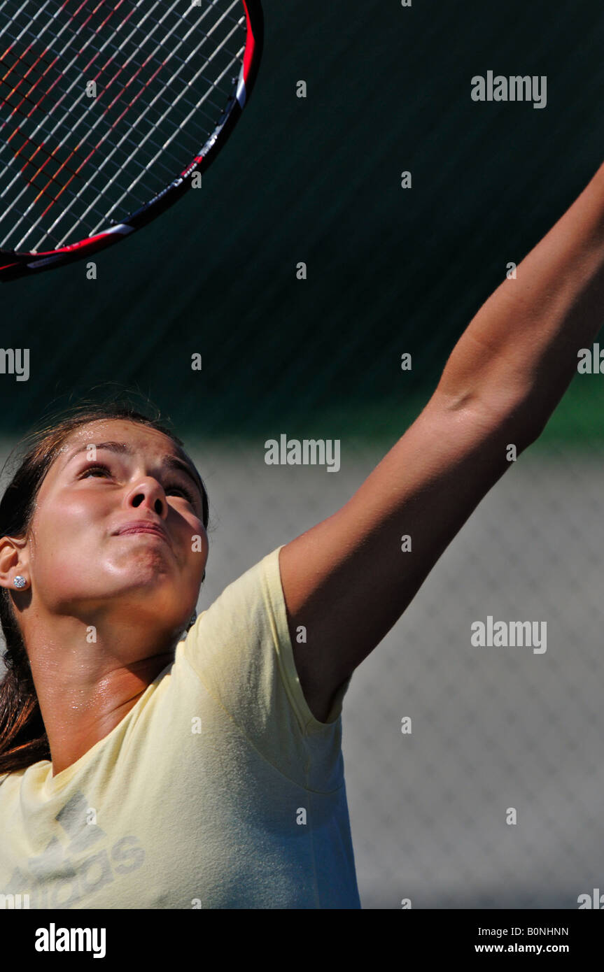 Ana Ivanovic practices her serve during the 2008 Pacific Life Open, Indian Wells, California. Stock Photo