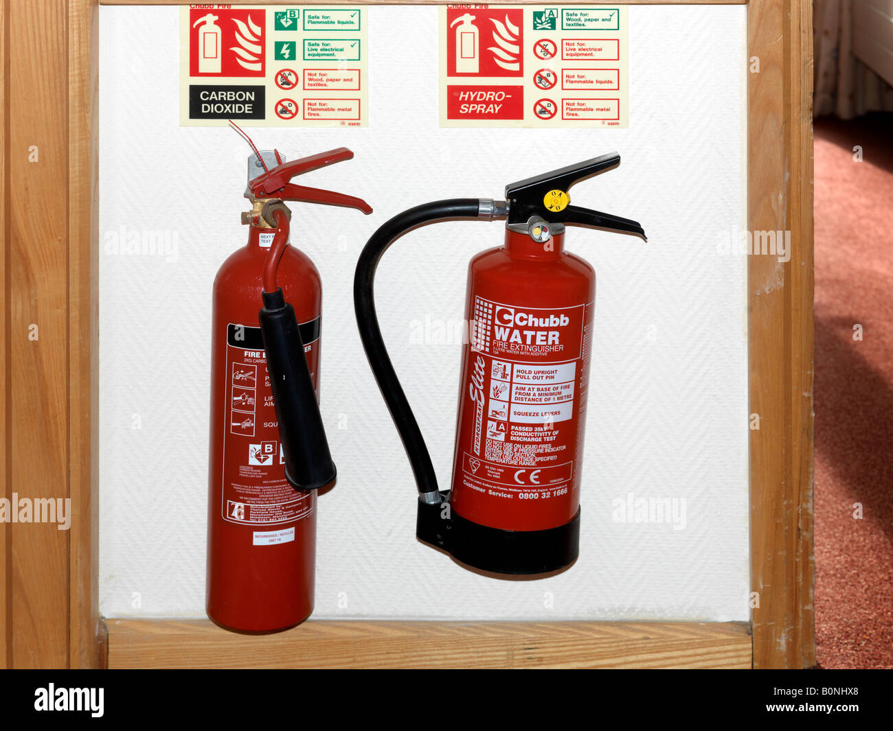 Fire Extinguishers Carbon Dioxide and Hydro Spray Stock Photo