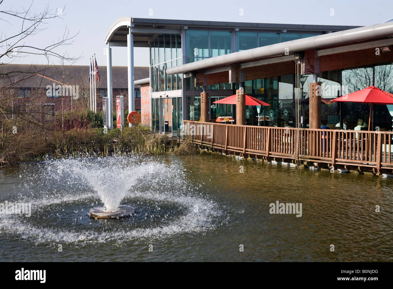Decorative fountain and pond at Stafford Services M6 (Southbound) motorway service station Stock