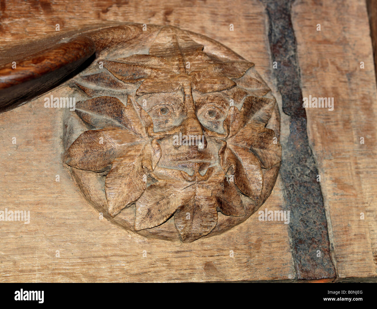 Winchester Cathedral Hampshire Green Man Carving on Misericord in the Quire Stock Photo