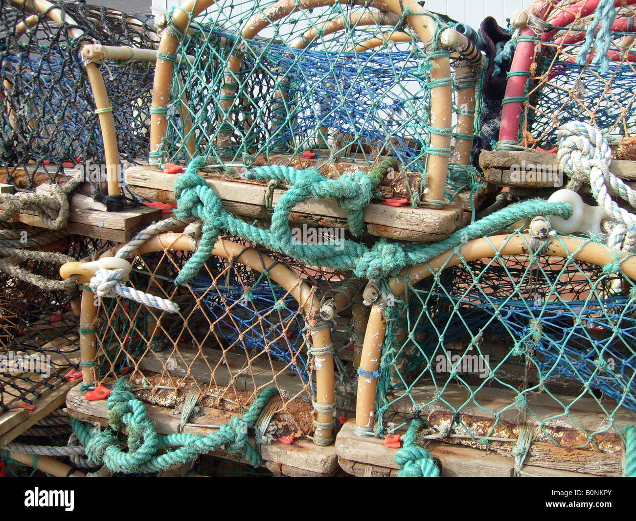Details of lobster pots on quay, Scarborough, North Yorkshire, England. Stock Photo