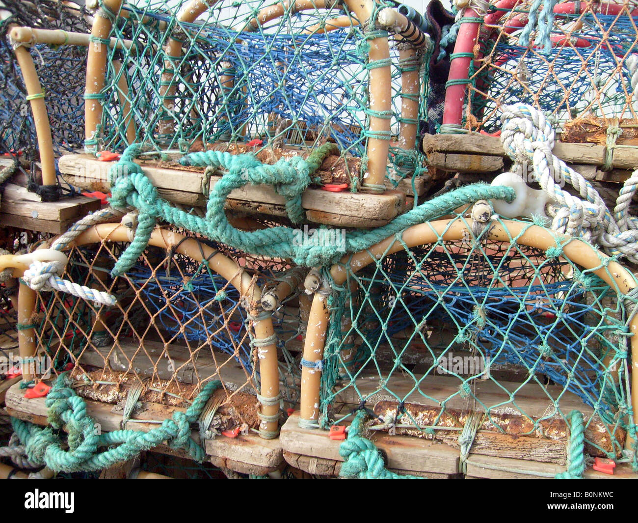 Details of lobster pots on quay, Scarborough, North Yorkshire, England. Stock Photo