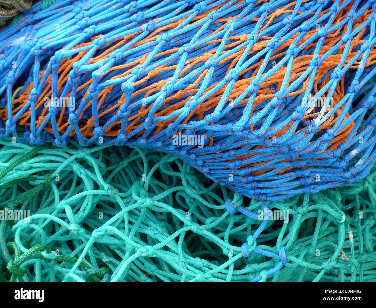 Colorful trawler fishing nets, Scarborough, North Yorkshire, England. Stock Photo