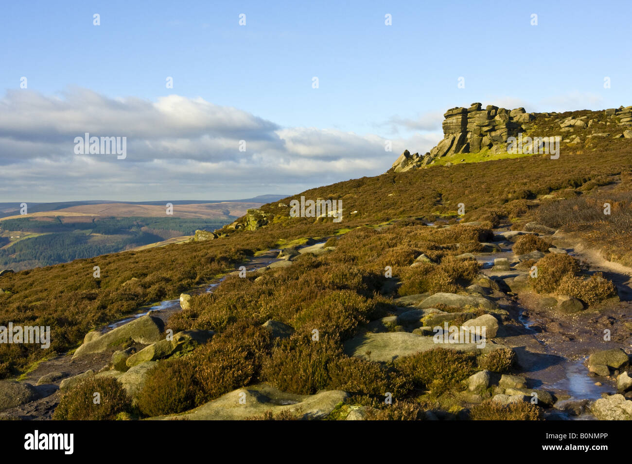 White Tor with surrounding hills and path in foreground. Located on hillside above Ladybower reservoir. Stock Photo