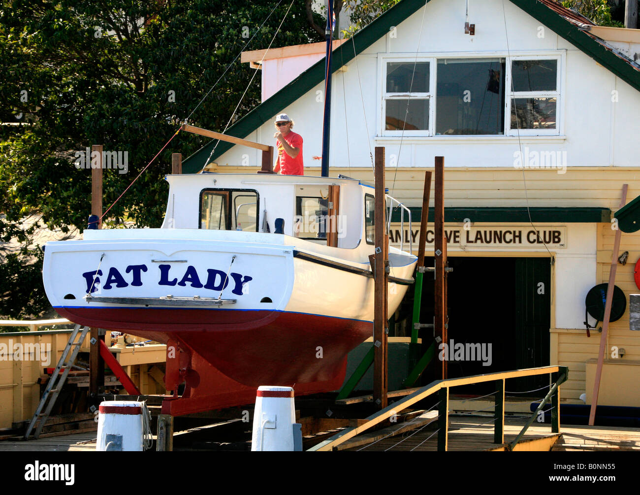 Working on Fat Lady Manly Cove Launch Club Sydney Australia Stock Photo