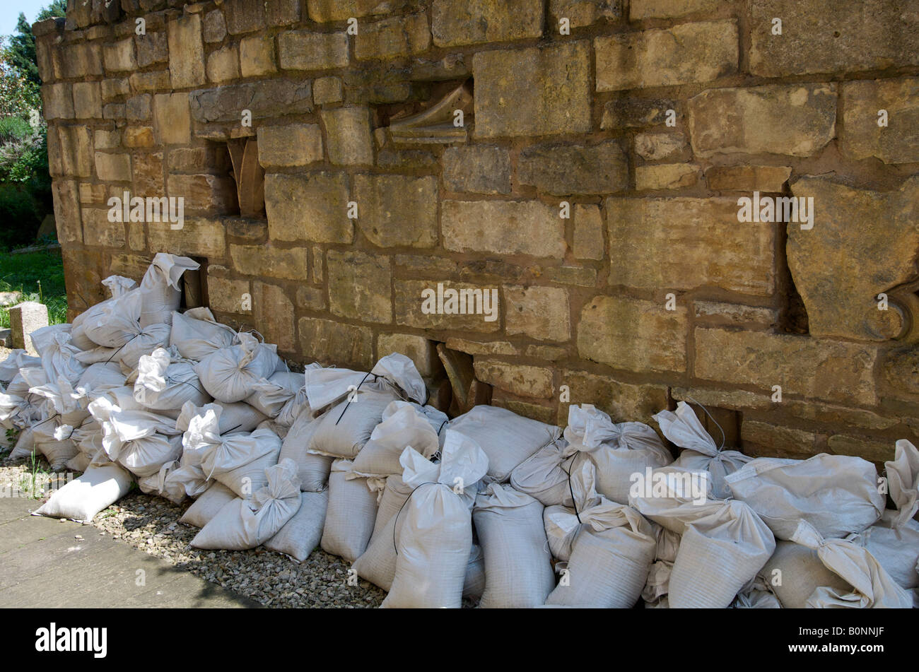 Sandbags from the flooding at Tewkesbury Abbey Stock Photo