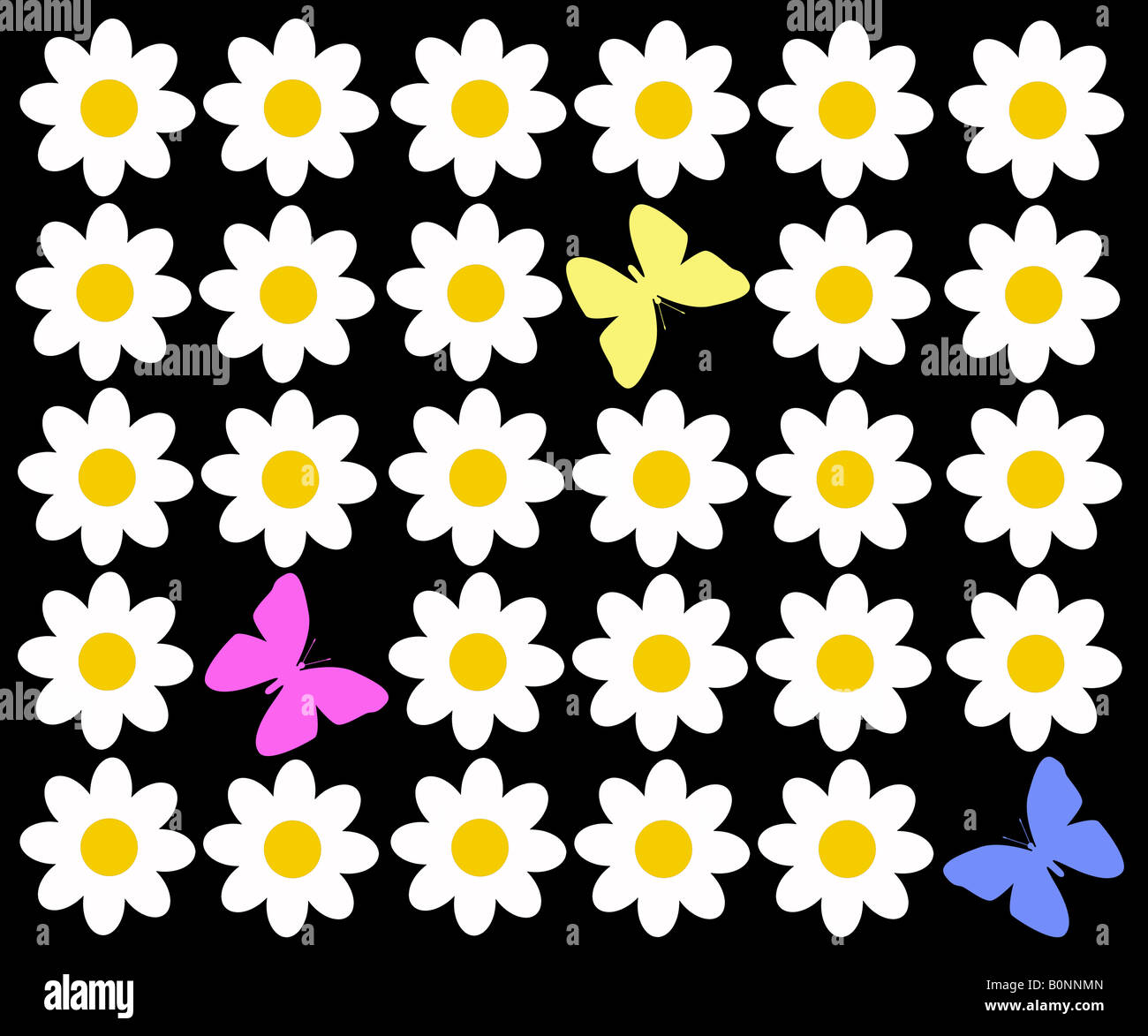 Daisies and butterflies on a black background illustration Stock Photo