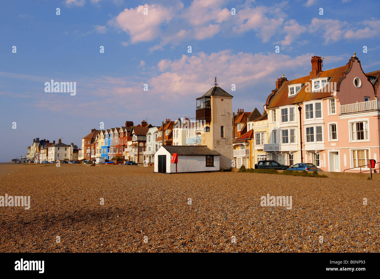 Sea front houses and old fisherman's lookout - Aldeburgh Suffolk Stock Photo