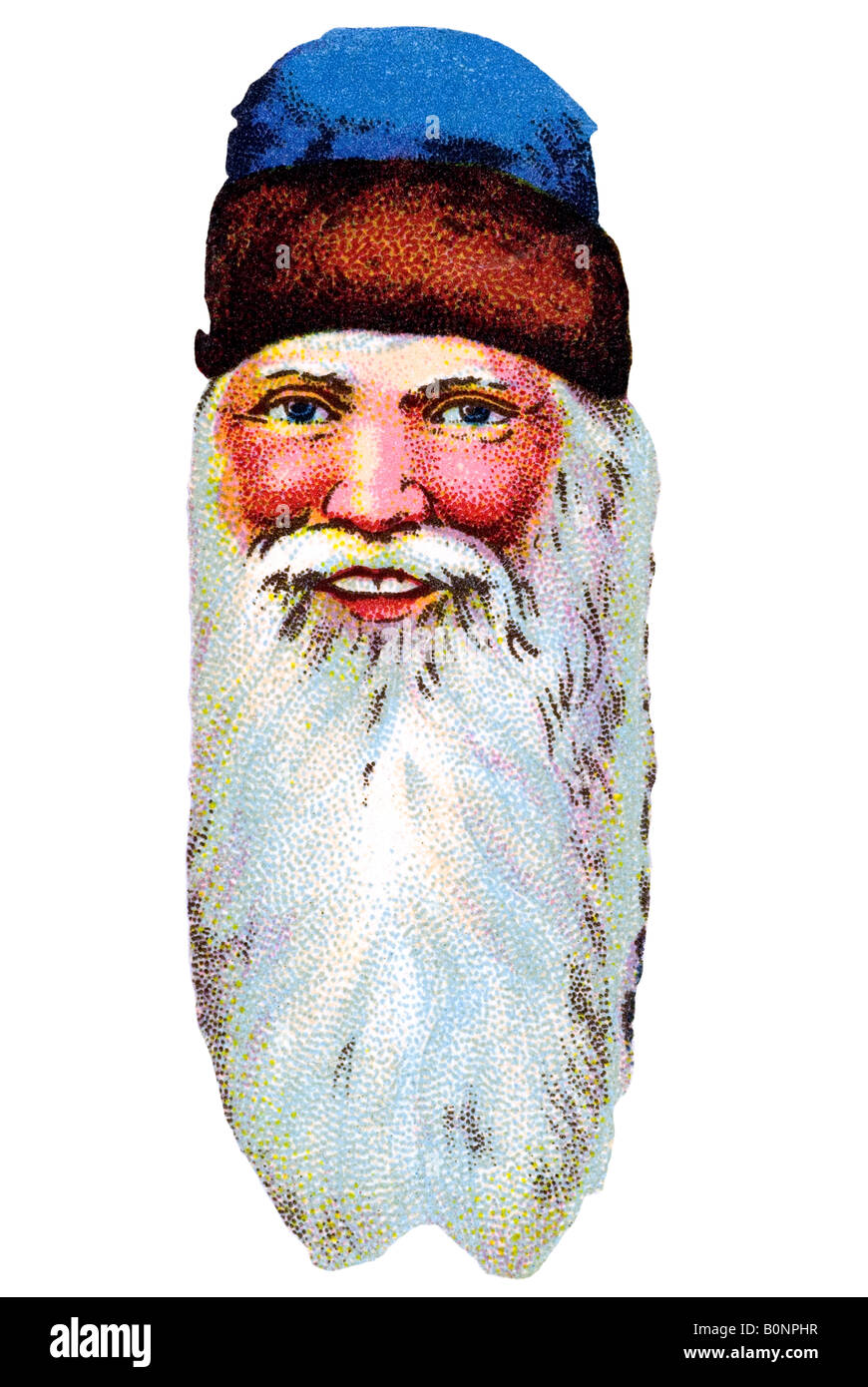 old fashioned Father Christmas red blue cap long white beard 19th century Germany Stock Photo