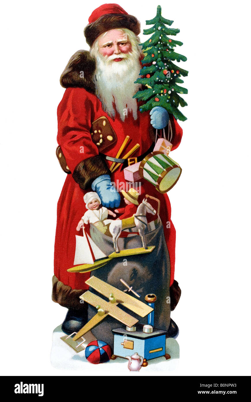 old  fashioned red Father Christmas dolls ship horse drum ball 19th century Germany Stock Photo