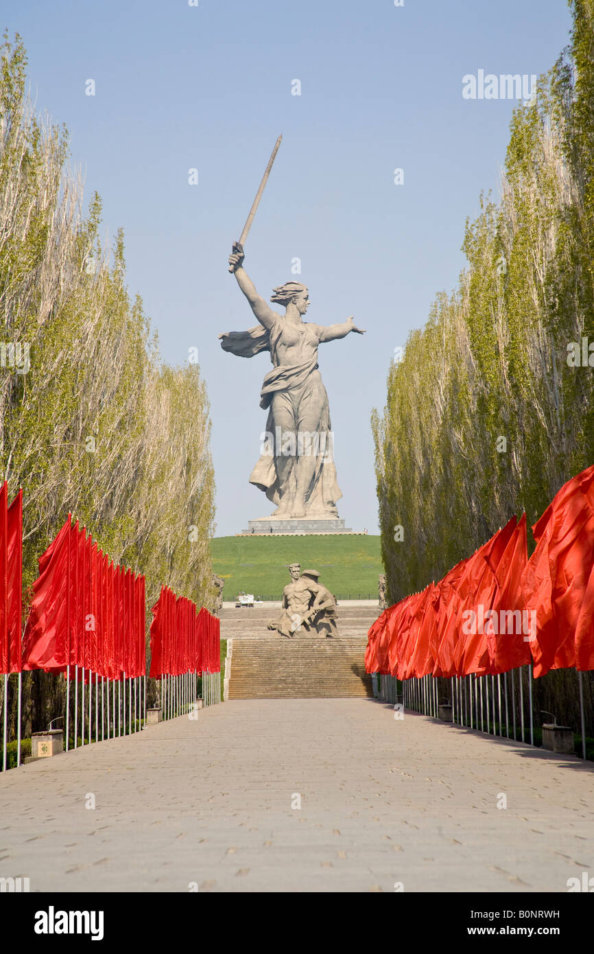 Motherland Calling statue on summit of Mamayev Kurgan, marking Red Army dead from the siege of Stalingrad, Volgograd, Russia Stock Photo