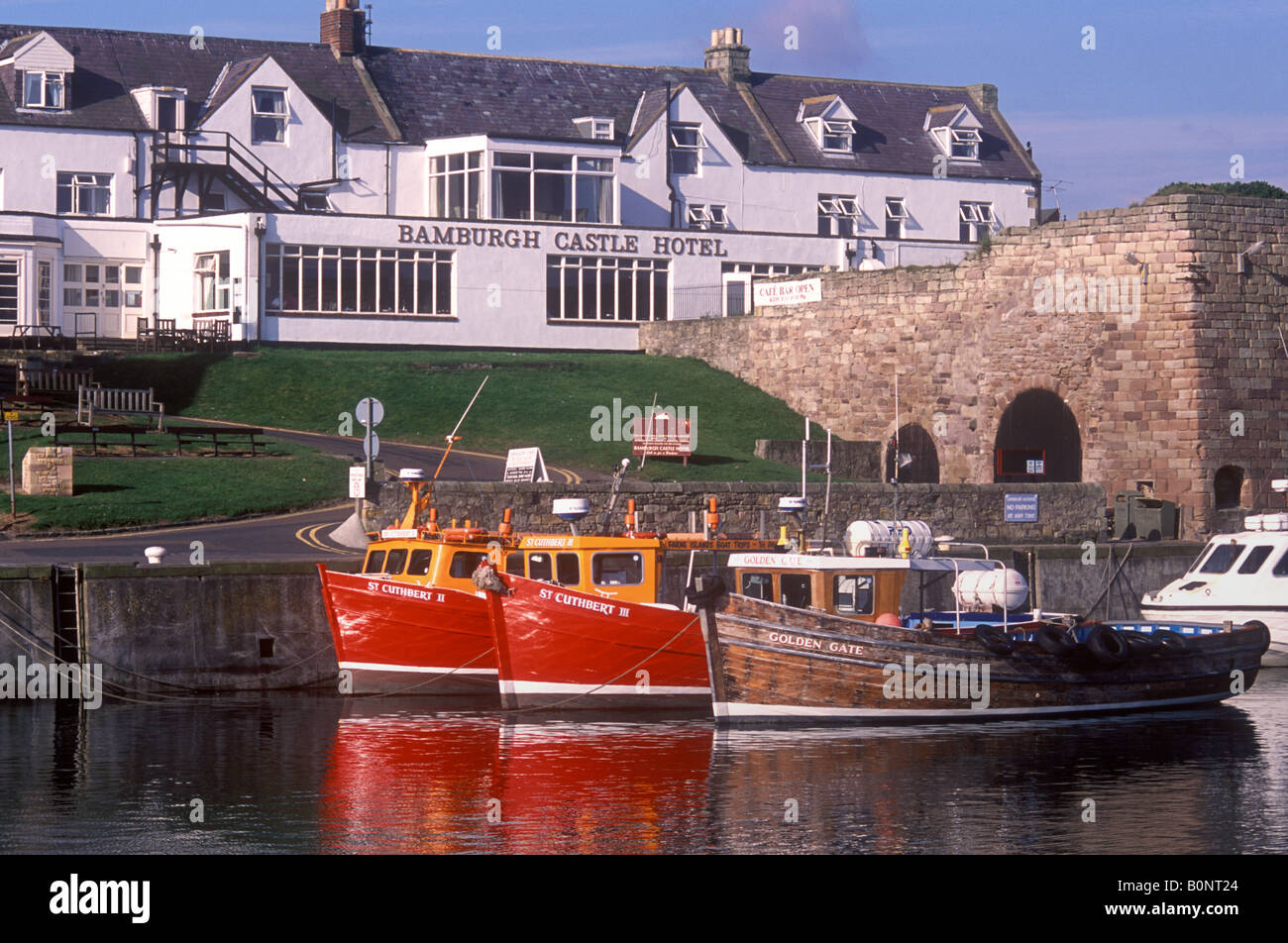 Colourful fishing boats in the harbour at the village of Seahouses a ...