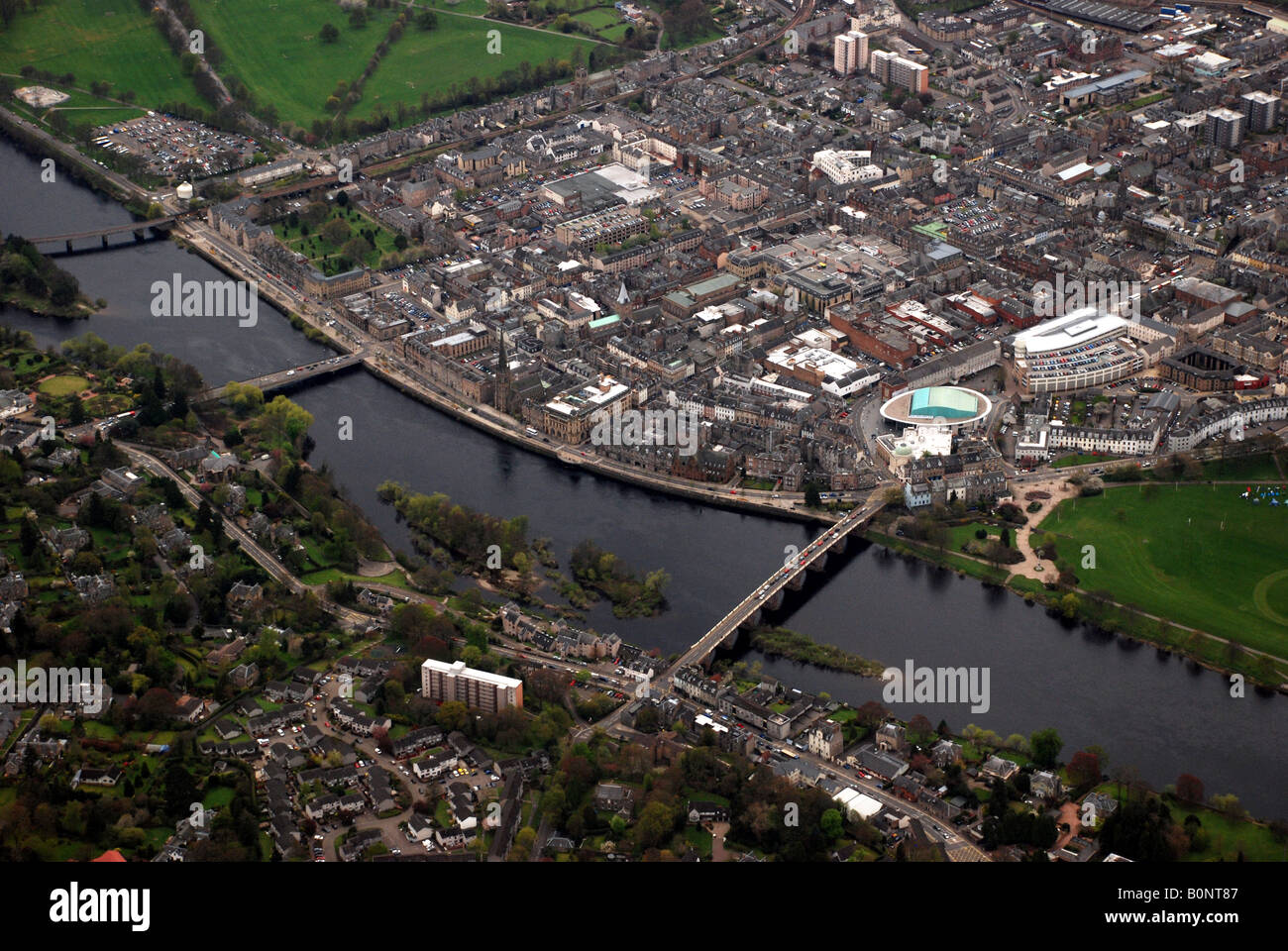 Aerial view of the River Tay and Perth City Centre Stock Photo