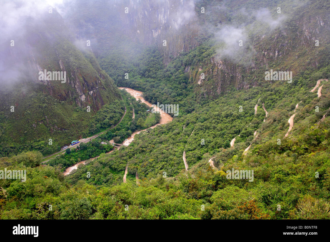 Machu Picchu Roadway up to Lost City Urubamba river Valley Andes Peru South America UNESCO World Heritage Site Stock Photo