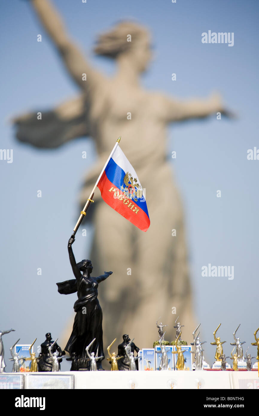 Souvenir and actual Motherland Calling statue on summit of Mamayev Kurgan, Volgograd (formerly Stalingrad), Russia Stock Photo