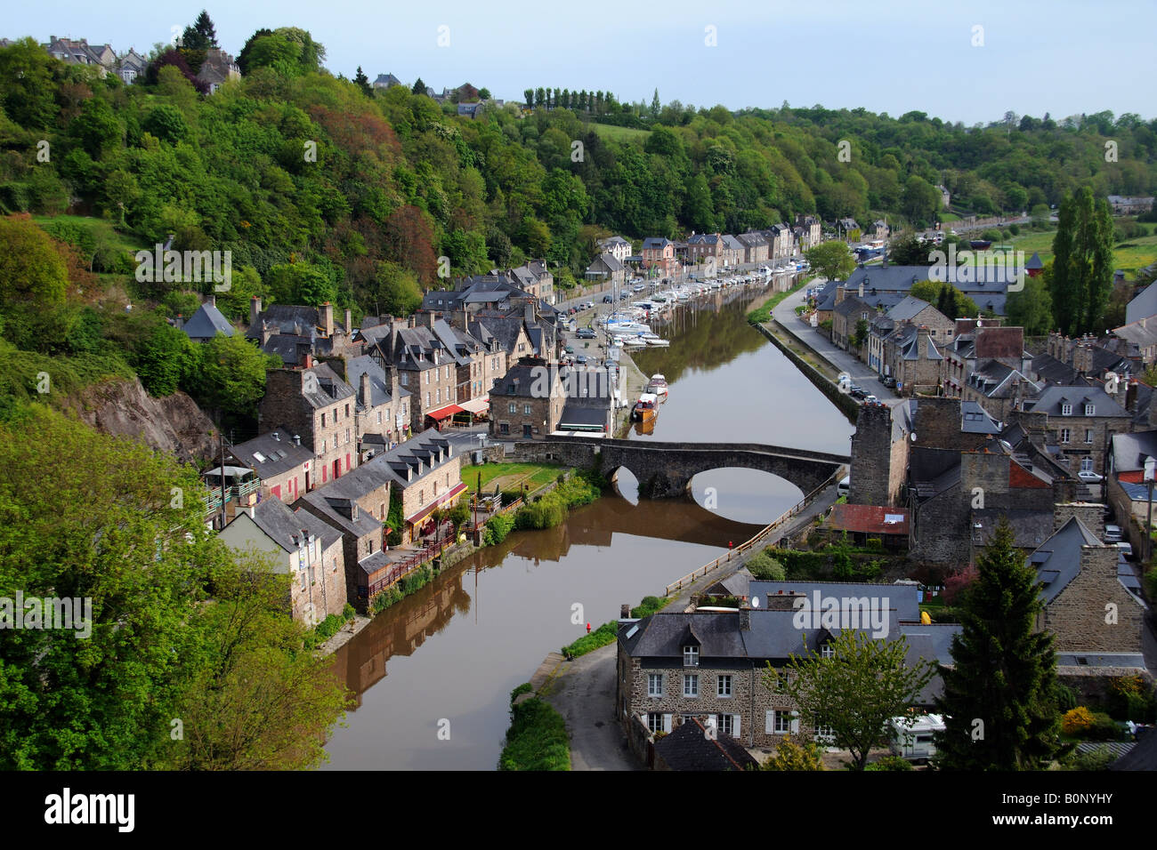 The port of Dinan photographed from the viaduct over the river Rance in ...