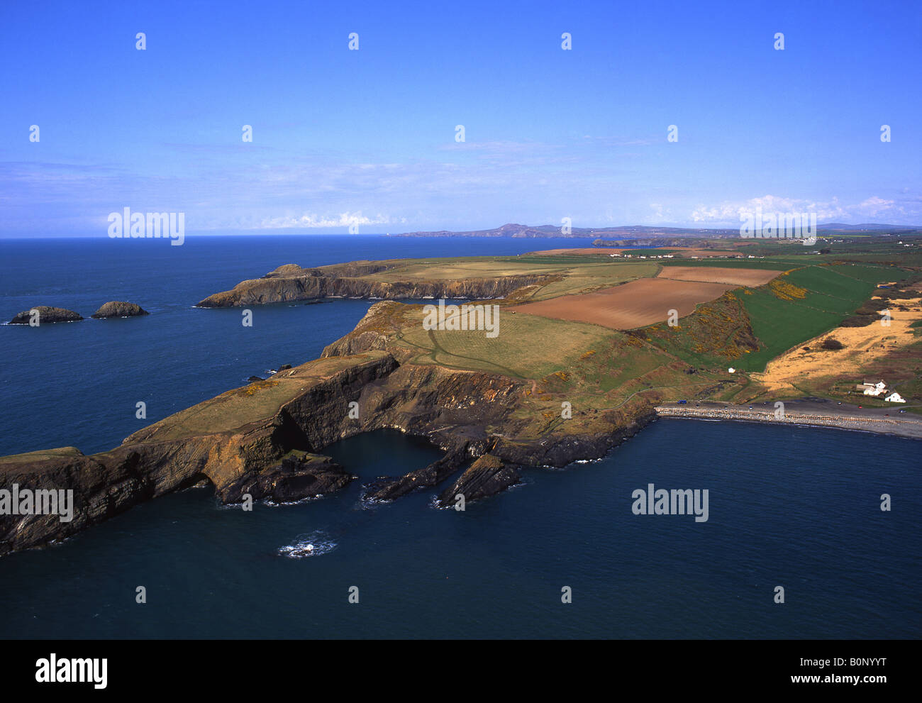 Aerial view of Blue Lagoon and coastline Abereiddi Pembrokeshire Wales UK Stock Photo