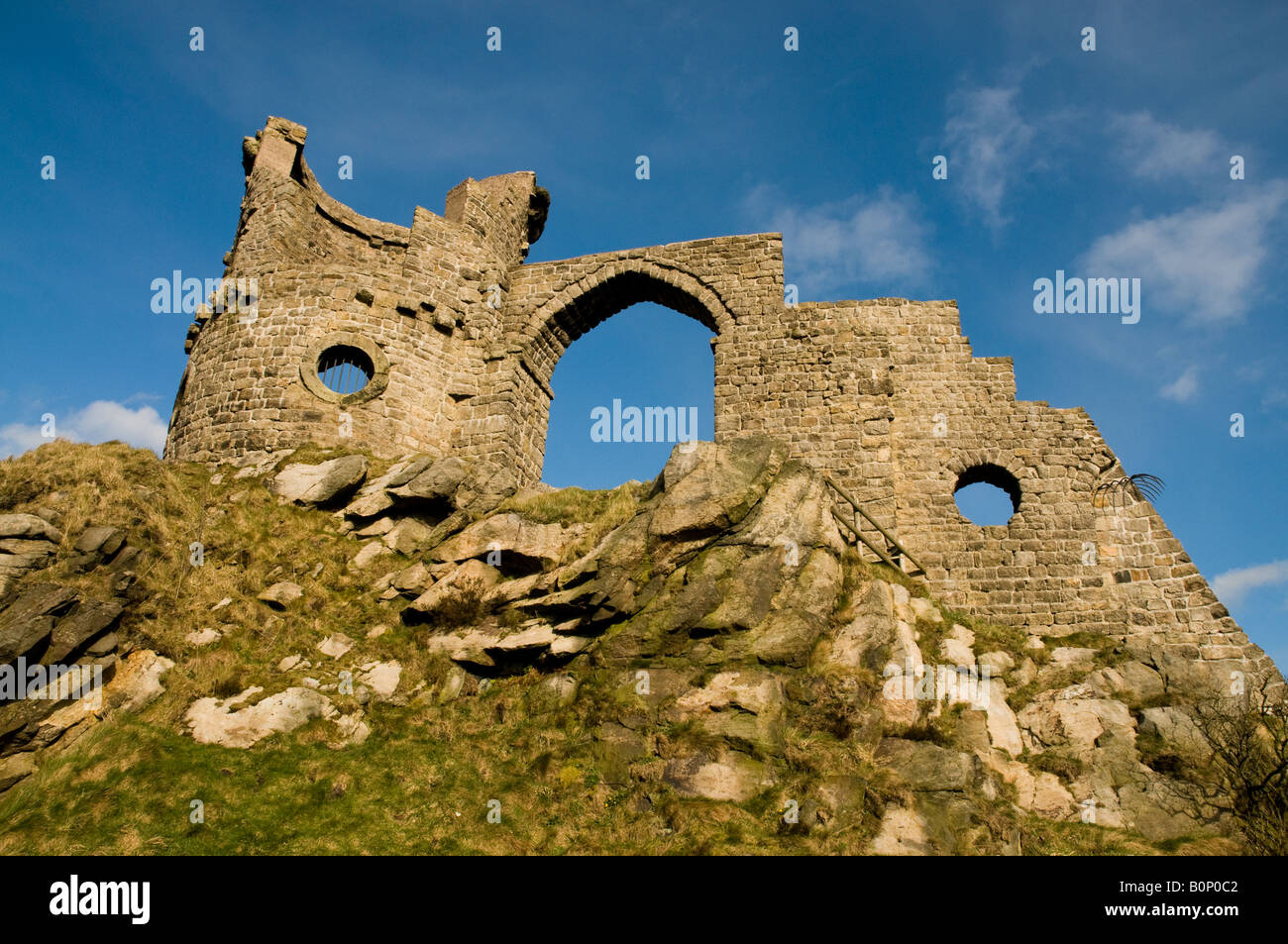 A folly of a ruined castle built in 1754 as a summerhouse and site of the birthplace of Primitive Methodism Stock Photo