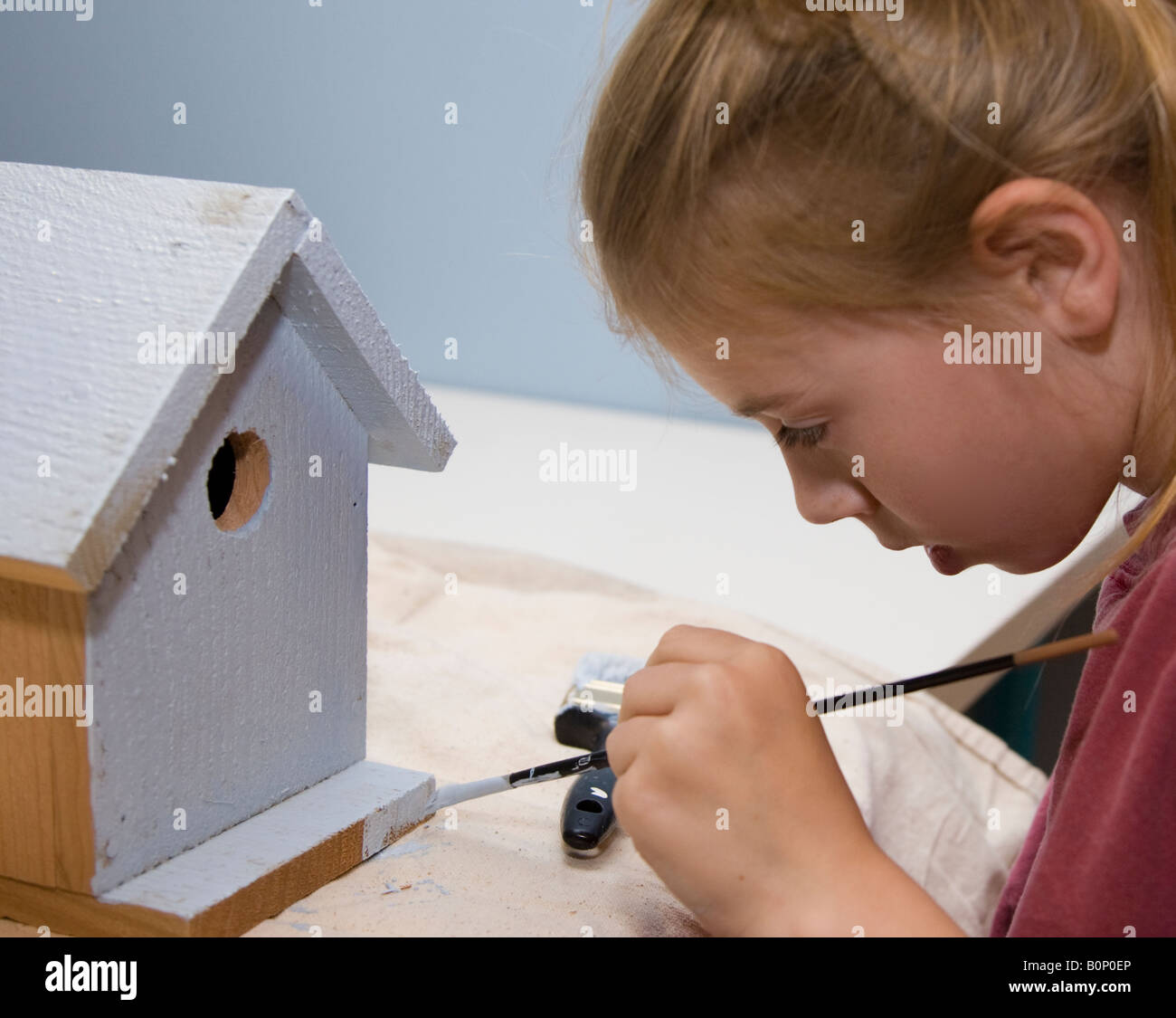 Child painting a birdhouse Stock Photo - Alamy