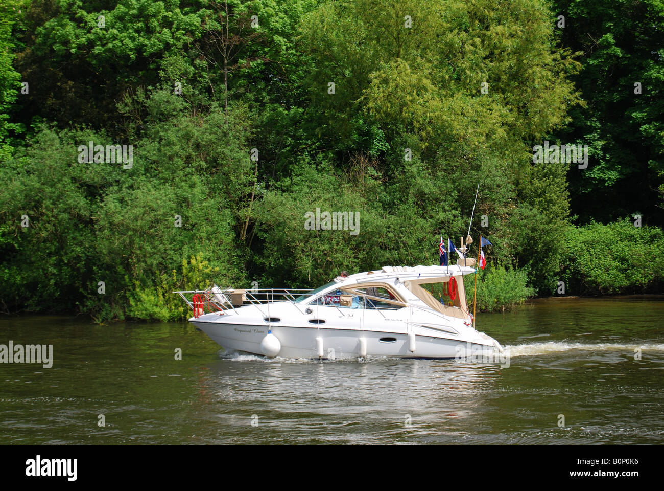 Cruising on River Thames, Oakley Court Hotel, Water Oakley, Windsor, Berkshire, England, United Kingdom Stock Photo