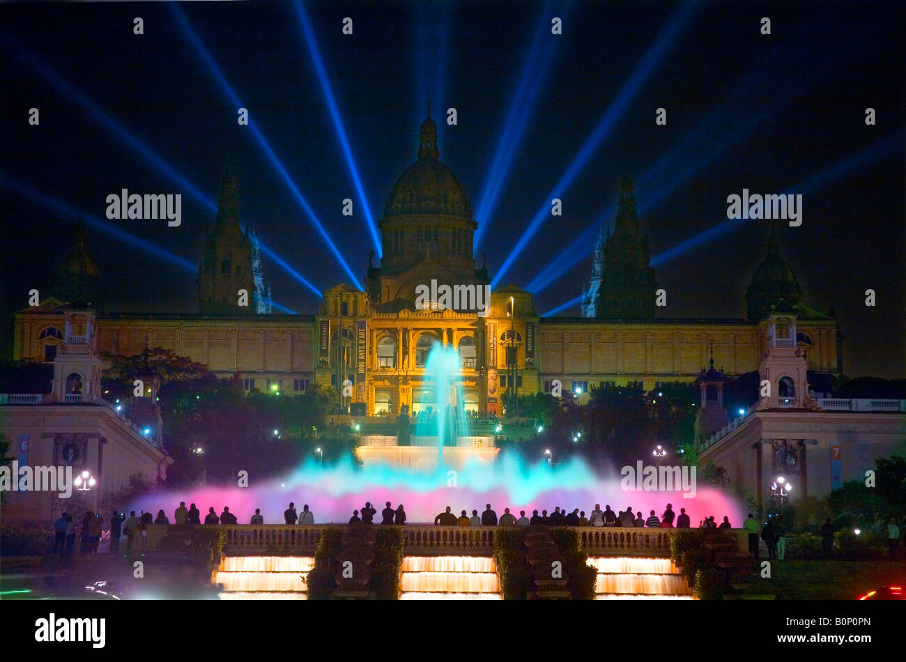 The Fountains at night at the Palace Nacional in Barcelona Spain Stock