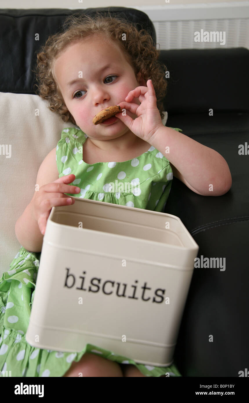 A 3 year old girl sitting on the sofa at home eating cookies from a biscuit tin and overindulging Stock Photo