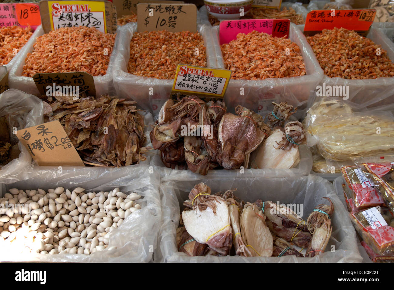 Dried seafood for sale in a market stall in Chinatown, New York City