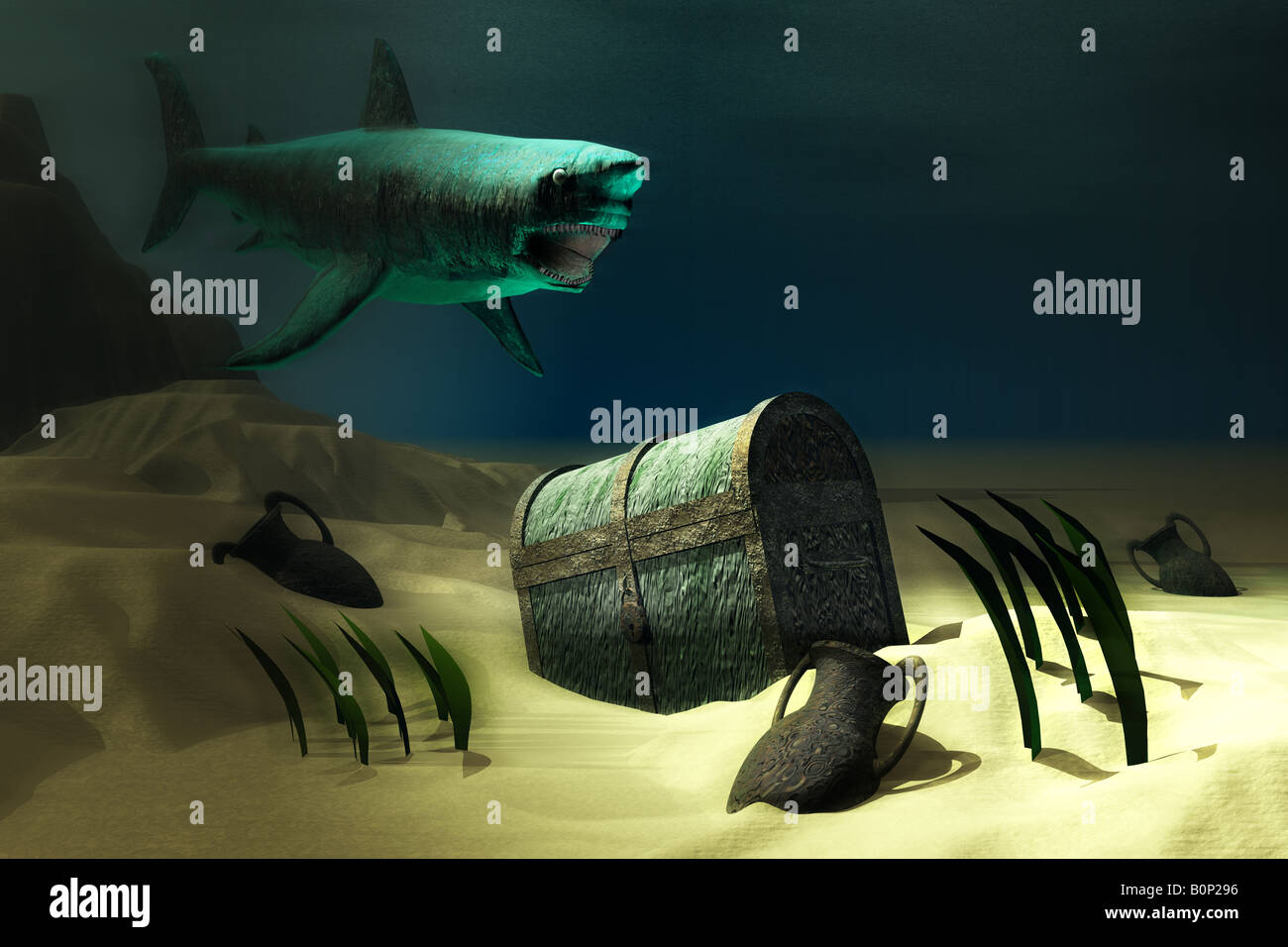 Great White Shark gliding over a sunken pirates treasure chest Stock