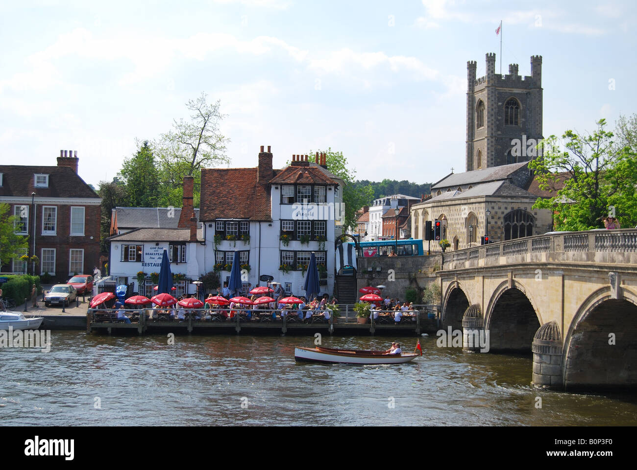 View of town over Henley Bridge, HenleyonThames, Oxfordshire, England, United Kingdom Stock