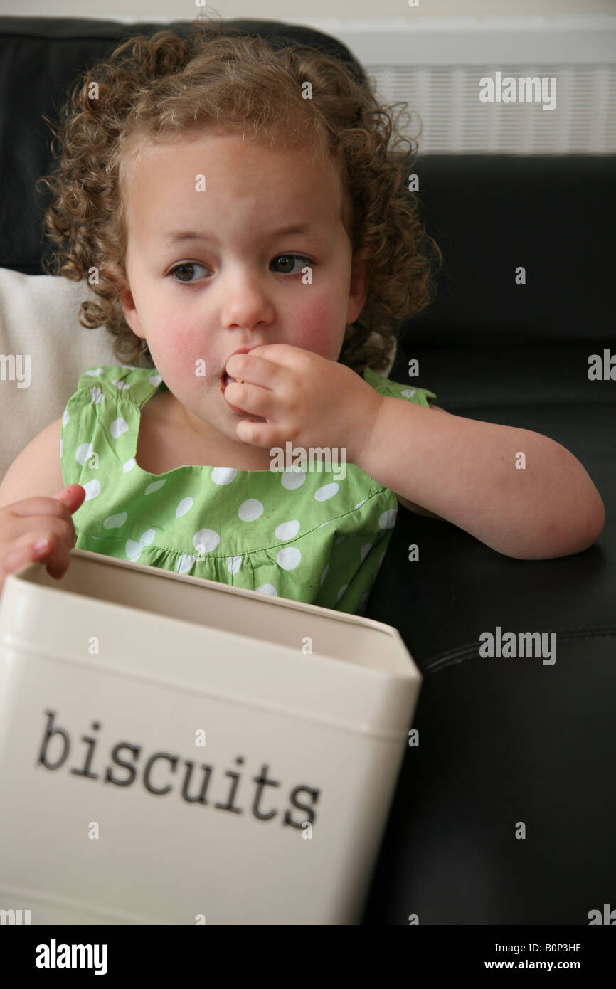 A 3 year old girl sitting on the sofa at home eating cookies from a biscuit tin and overindulging Stock Photo