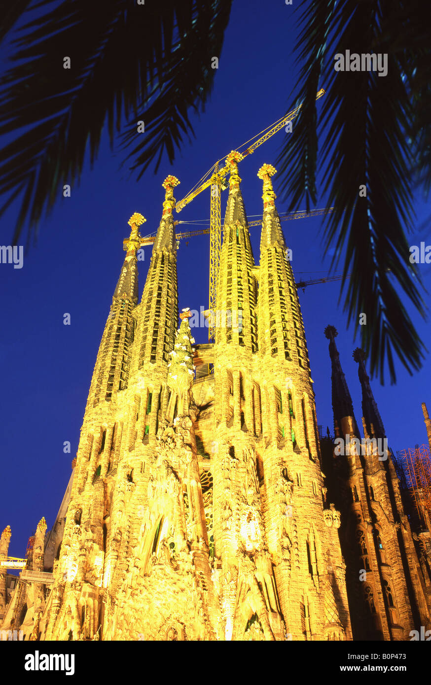 Antoni Gaudi's Sagrada Familia Basilica at night Barcelona Catalonia Spain Stock Photo