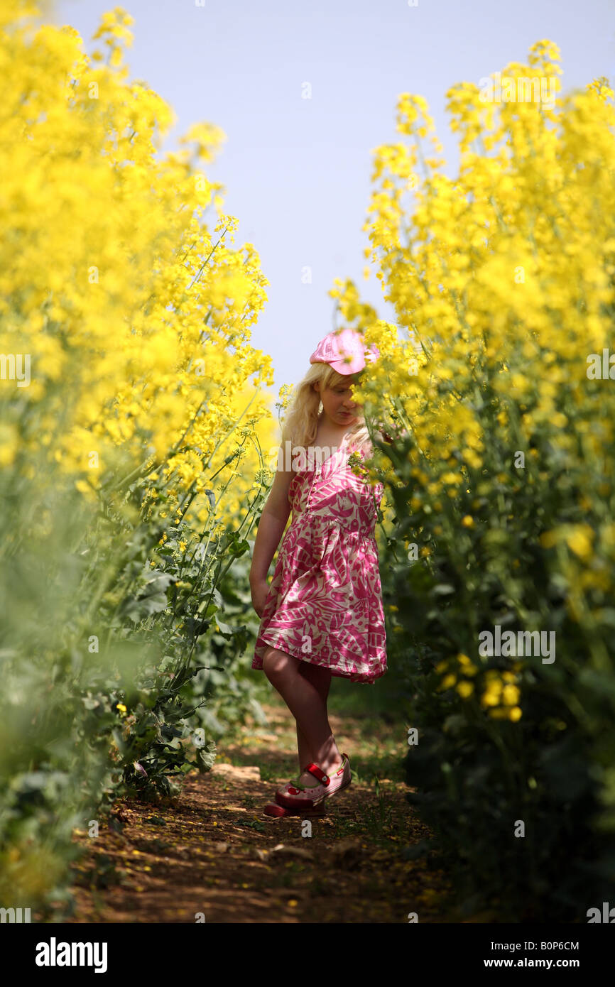 Blonde little Girl standing in a field of rapeseed Stock Photo - Alamy