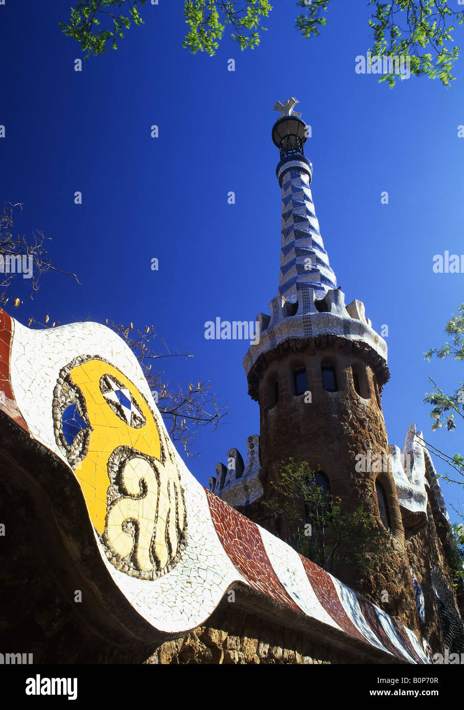 Parc Güell Gingerbread houses at entrance Designed by Antoni Gaudi Barcelona Catalunya Spain Stock Photo