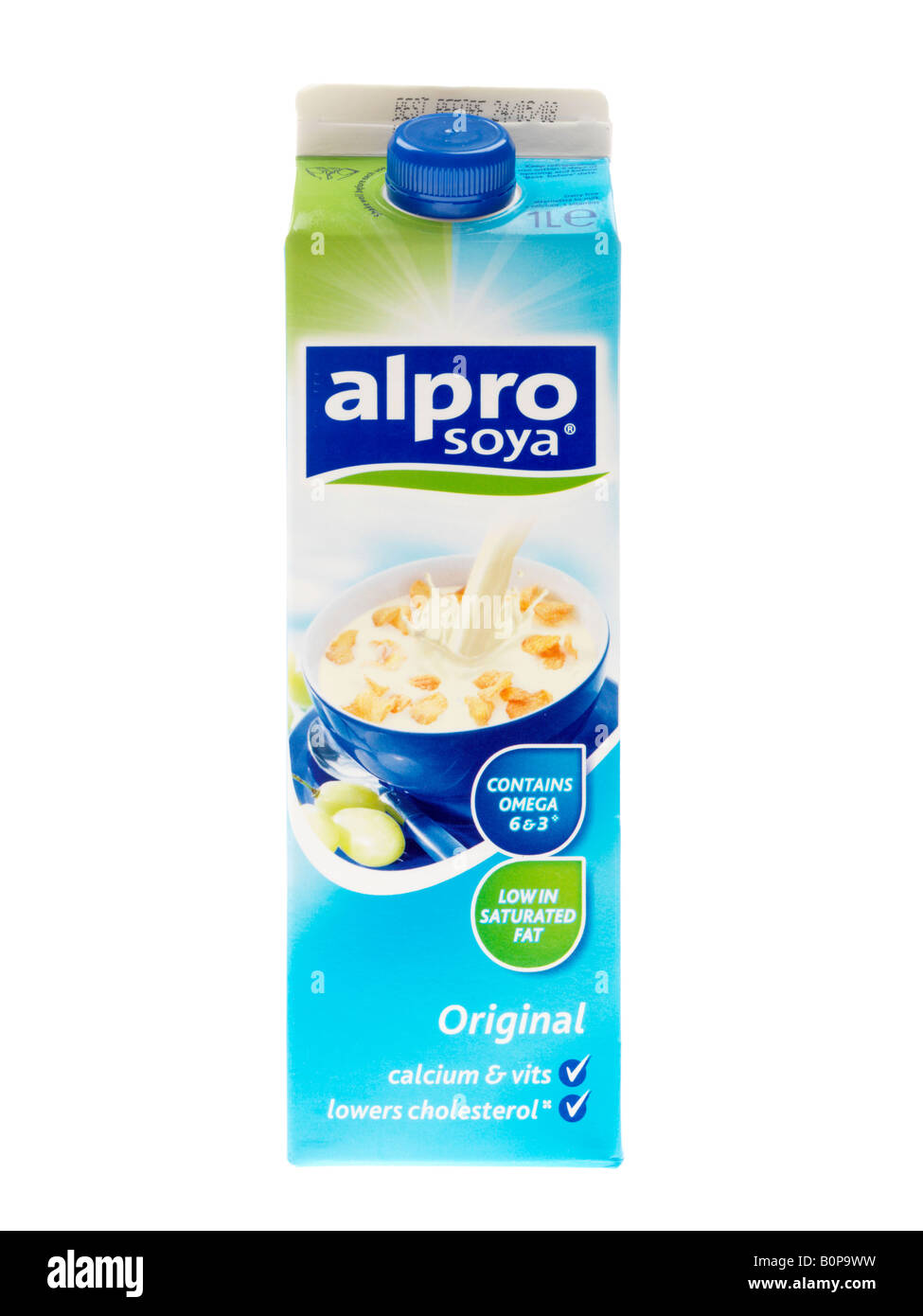 Branded Carton Of Alpro Non Dairy Healthy Soya Milk Isolated Against A White Background With A Clipping Path and No People Stock Photo