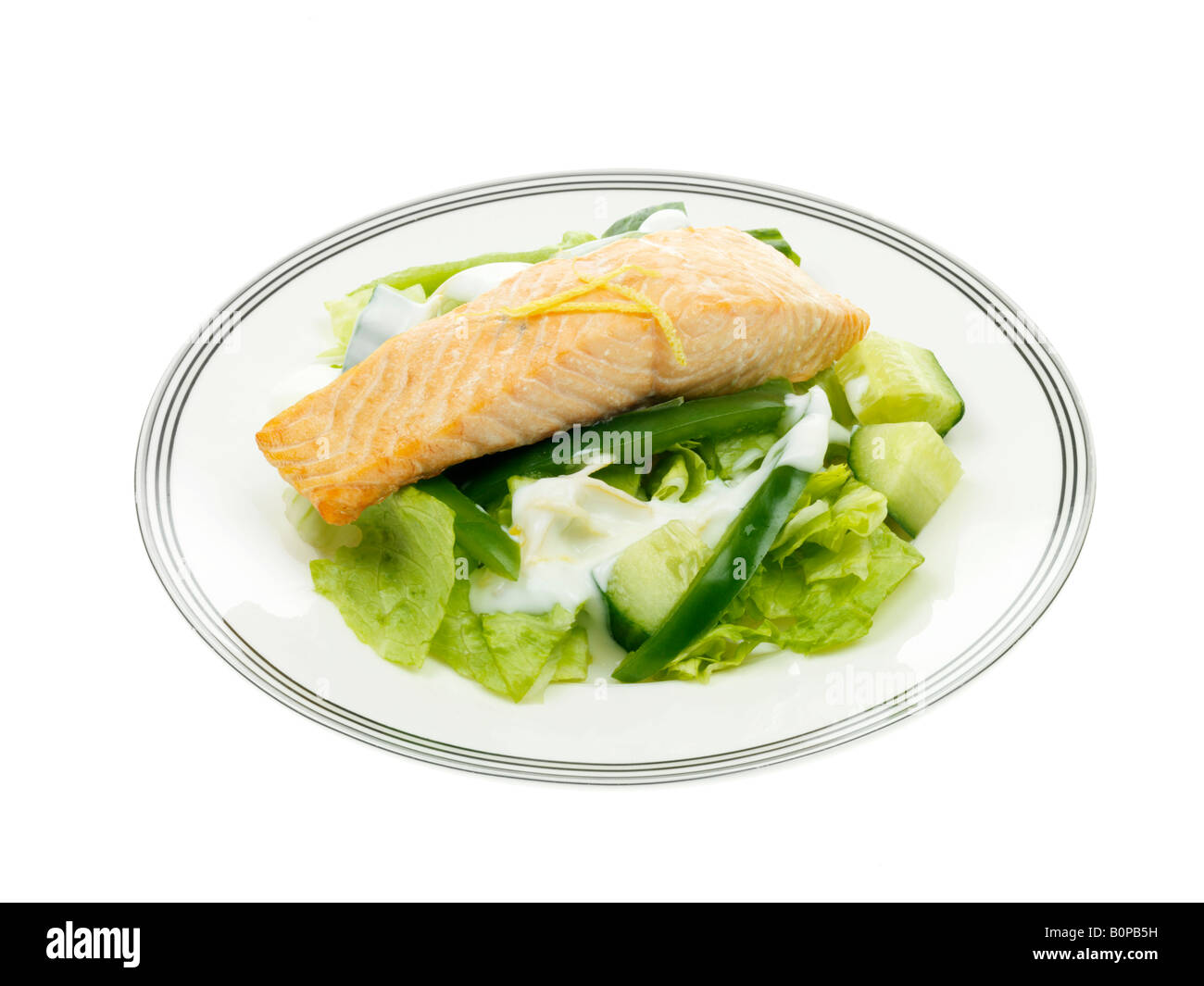 Roast Salmon with Green Salad and Yoghurt and Lemon Dressing Stock Photo