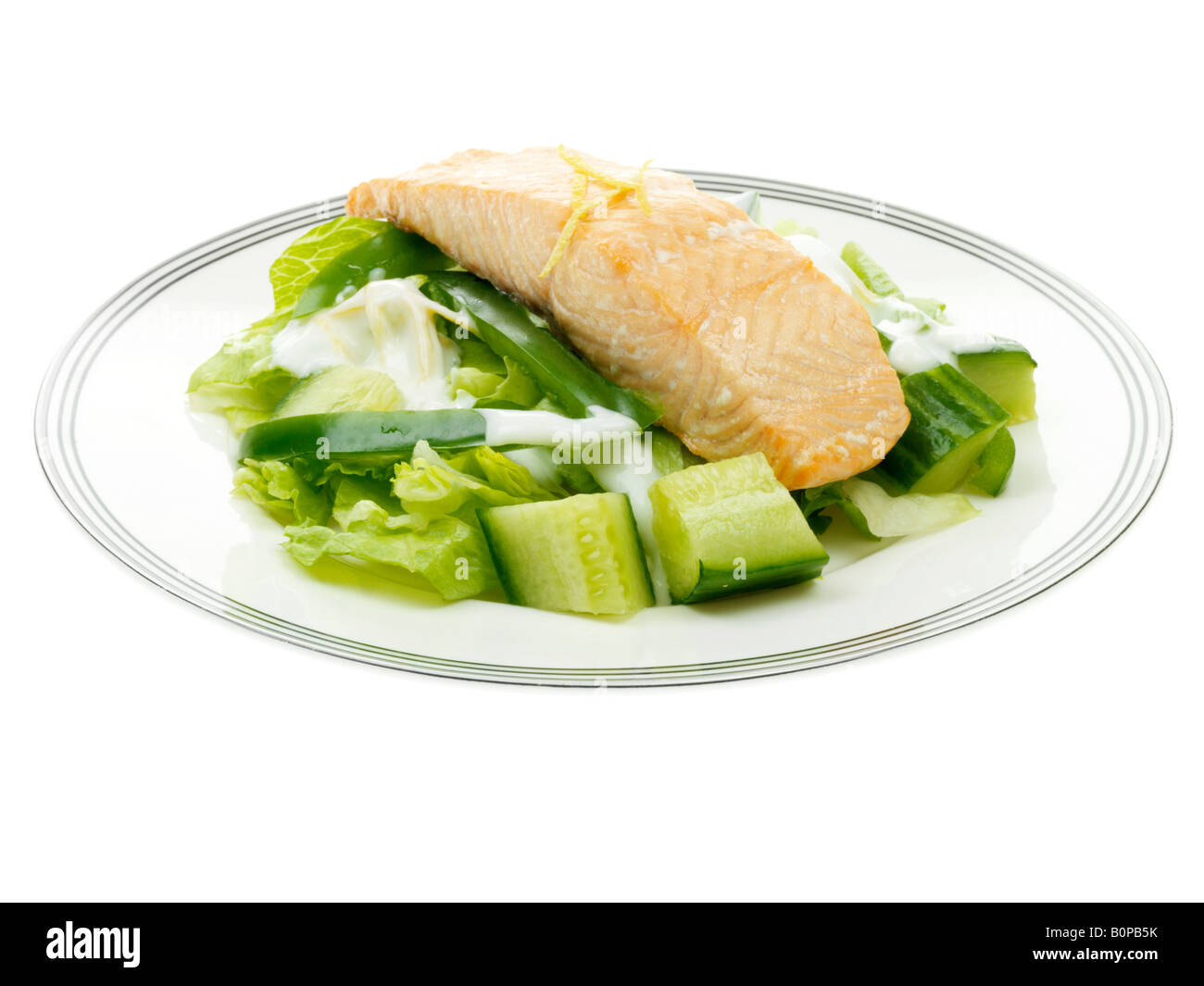 Roast Salmon with Green Salad and Yoghurt and Lemon Dressing Stock Photo