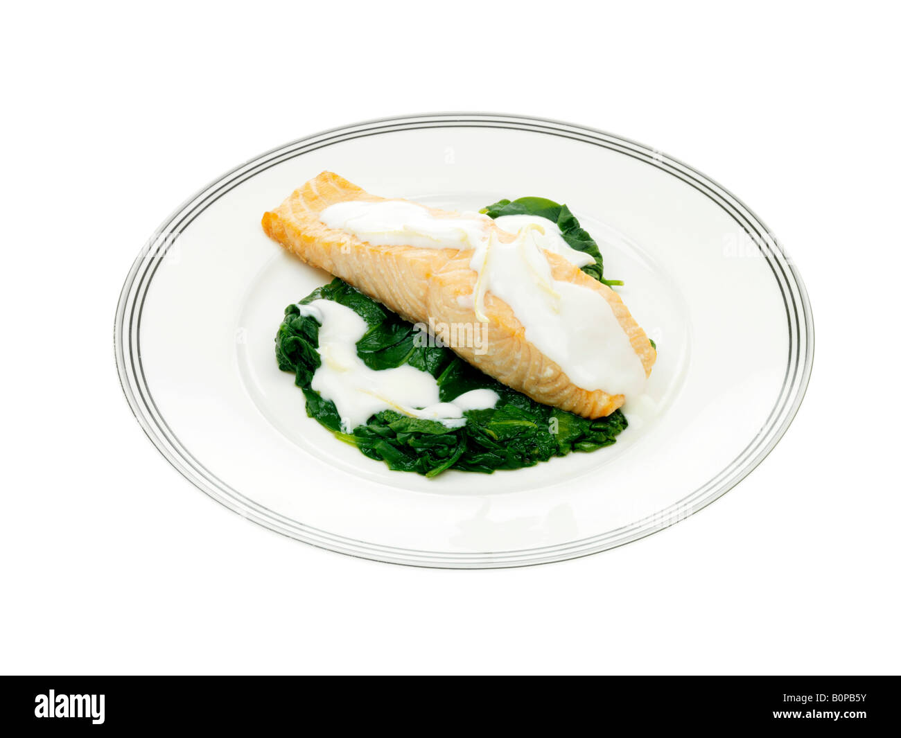 Roast Salmon with Spinach Yoghurt and Lemon Dressing Stock Photo
